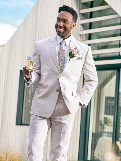 Mens Vested Summer Seersucker Suit in Blue Pinstripe